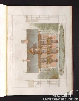 Villas, maisons de ville et de campagne. Composées sur les motifs des maisons de Paris moderne. Cpoupe sur l'axe de femètres latérales. Coupe sur l'axe du Pignon.