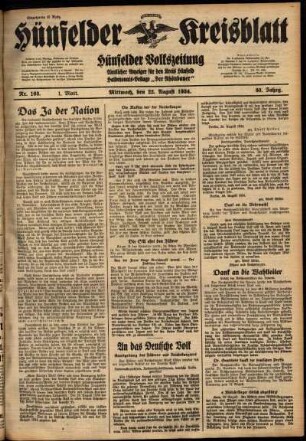 Erste Ausgabe vom Mittwoch, den 22. August 1934.