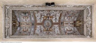 Groteskendekoration mit heraldischen Symbolen der Familie Colonna, vier Ansichten von idealen Gartenanlagen und musizierender Putto