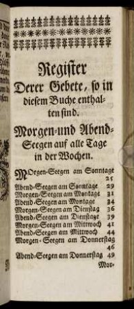 Register Derer Gebete, so in diesem Buche enthalten sind.