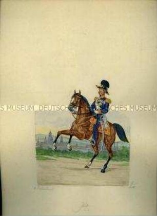 Uniformdarstellung, Kriegsminister von Rabenhorst zu Pferd, Sachsen, 1859.