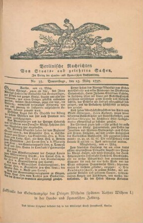 Faksimile der Geburtsanzeige des Prinzen Wilhelm (späteren Kaisers Wilhelm I.)