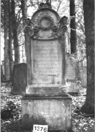Grabstein 1376 (Index: 99900313) Material: Sandstein Zustand: an den Rändern stark verwittert Maße HxBxT: 175x60x22 cm Beschreibung: aufgesockelte Stele mit eingezogenem Rundbogenabschluss, Einzüge und Bogen mit Akanthusakroterien, Voluten und Ranken, im Bogenfeld Kranz (Efeu?) Symbolik: Kranz, Akanthus, Voluten, Ranken: Grabstein 1376