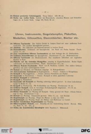 Uhren, Instrumente, Siegelstampfen, Plaketten, Medallien, Silhouetten, Stammbücher, Bücher etc. (Nr. 286-327)