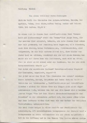 [W172]: Vom Abbau tödlicher Vereinfachungen : Christa Wolf: "Die Dimension des Autors. Aufsätze, Essay, Gespräche, Reden." : Zwei Bände. Aufbau Verlag Berlin und Weimar. 1986. 963 Seiten. 29,80 M