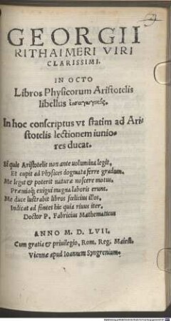 In octo libros Physicorum Aristotelis libellus