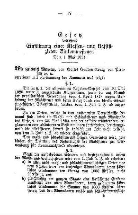 Gesetz betreffend Einführung einer Klassen- und klassisizirten Einkommenssteuer. Vom 1. Mai 1851