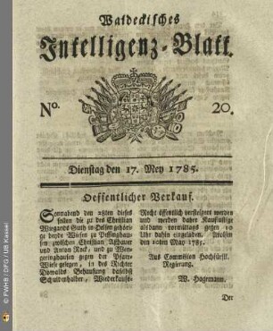 No. 20, Dienstag den 17. Mey 1785