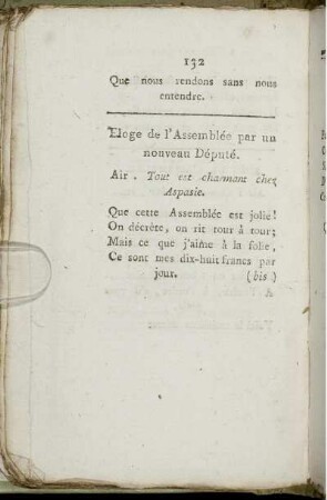 Eloge de l'Assemblée par un nouveau Député.