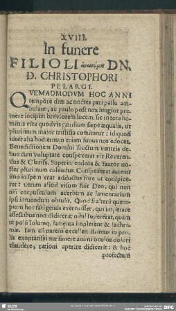 XVIII. In funere Filioli anōnymos Dn. D. Christophori Pelargi