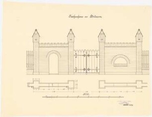 Kranken- und Siechenhaus, Brüssow Gültiger Ausführungsentwurf. Zaun und Einfahrtstor: Einfahrtstor der Hoffassade in Ansicht und Grundriss 1:25