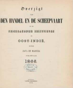 1866: Overzigt van den handel, de scheepvaart en de inkomende en uitgaande regten in de bezittingen buiten Java en Madura, over het jaar
