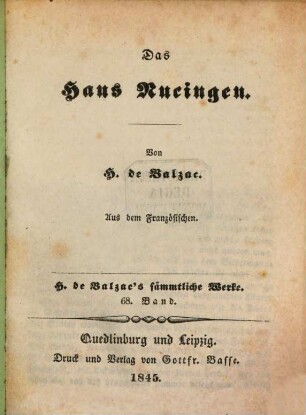 H. de Balzac's sämmtliche Werke, 68. Das Haus Nucingen