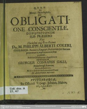 Ex morali philosophia, de obligatione conscientiae, disputationem