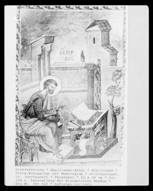 Tetra-Evangeliar mit Menologium — fol. 104 v: Darstellung des Evangelisten Markus