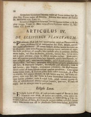 Articulus IV. De Eclipsibus Planetarum.