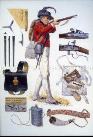Postkarte mit Darstellung eines englischen Infanteristen sowie Detailstudien zu Ausrüstungsgegenständen und Bewaffnung