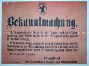 Bekanntmachung über die Fortzahlung der Mieten im Kriegsfall