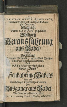 Nachricht Seiner von Gott geschehenen Völligen Herausführung aus Babel