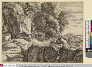 [Berglandschaft mit einem Lesenden an einem Fluss]