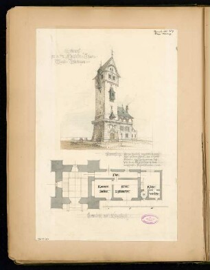 Aussichtsturm Monatskonkurrenz September 1895: Grundriss Erdgeschoss, perspektivische Ansicht; Maßstabsleiste