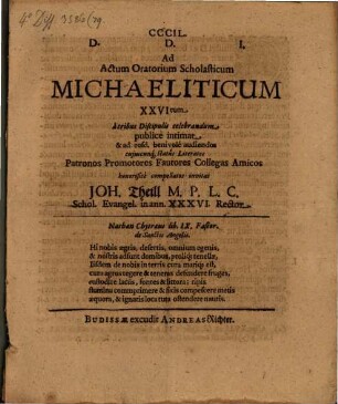 Ad actum oratorium scholasticum Michaeliticum XXVItum
