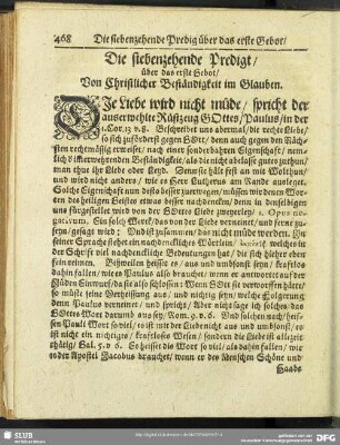 Die siebenzehende Predigt, über das erste Gebot, Von Christlicher Beständigkeit im Glauben