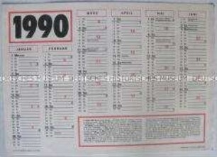 Wandkalender aus der DDR für das Jahr 1990
