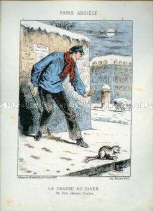 Karikatur, Nahrungskette Mensch-Katze-Ratte, Frankreich 1870. Tafel 2 aus: Paris assiégé. Scènes de la vie parisienne pendant le siège.