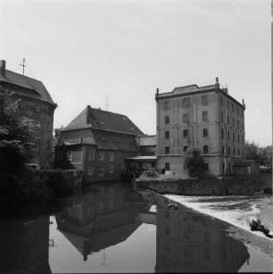 Döbeln. Staupitzmühle. Alte Mühle (1800) u. Neue Mühle (1892). Blick über Freiberger Mulde u. Mühlgraben