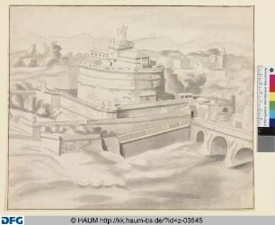 Die Engelsburg von Südwesten, rechts die Engelsbrücke