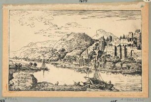 Ansicht der Stadt Wehlen in der Sächsischen Schweiz mit der Burgruine, Blick vom rechten Elbufer