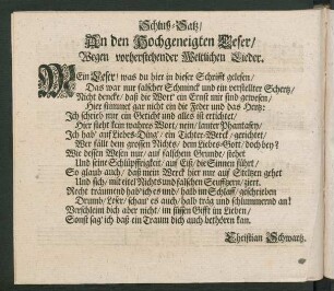 Schluß-Satz/ An den Hochgeneigten Leser ...