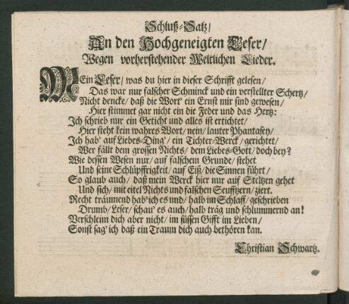 Schluß-Satz/ An den Hochgeneigten Leser ...