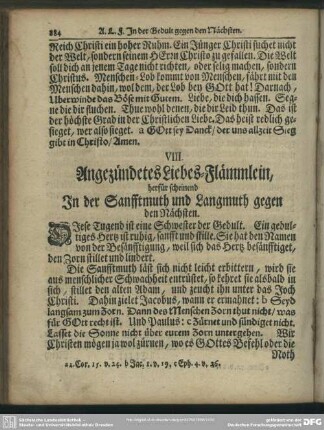 VIII. Angezündetes Liebes-Flämmlein, herfür scheinend In der Sanfftmuth und Langmuth gegen den Nächsten