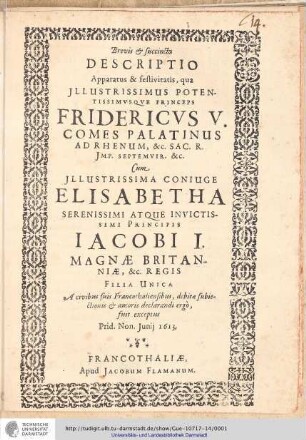 Titelseite Brevis & Succincta Descriptio Apparatus & Sestivitatis qua Illustrissimus Ptentissimusque Princeps