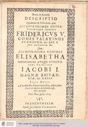Titelseite Brevis & Succincta Descriptio Apparatus & Sestivitatis qua Illustrissimus Ptentissimusque Princeps