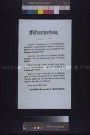 Maueranschlag: Bekanntmachung des Oberkommandos der Nationalgarde zur Einschreibung für den Dienst in der Garde; Wien, 16. März 1848