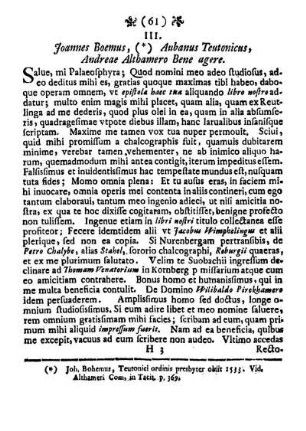 III. Joannes Boemus, (*) Aubanus Teutonicus, Andreae Althamero Bene agere