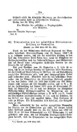 Dispensation von der mündlichen Abiturienten-Prüfung an Gymnasien : [III. Gymnasien und Realschulen]