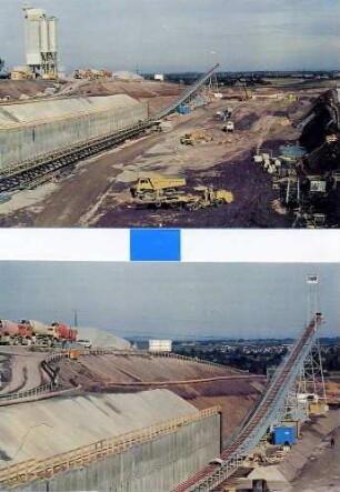 Engelbergbasistunnel im Bau. Vor dem Nordportal. Förderband zum Abtransport des Erd- und Felsausbruchs aus dem Tunnel.