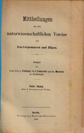 Mitteilungen aus dem Naturwissenschaftlichen Verein für Neu-Vorpommern und Rügen in Greifswald. 2. 1870