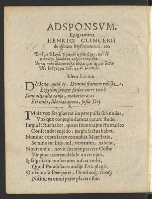 Ad Sponsum. Epigramma Henrici Clingerii ...