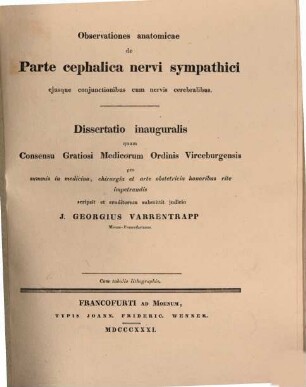 Observationes anatomicae de parte cephalica nervi sympathici, eiusque coniunctionibus cum nervis cerebralibus : diss. inaug. ; cum tabulis lithographis