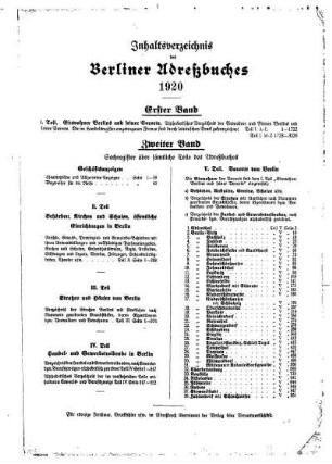 Inhaltsverzeichnis des Berliner Adreßbuches 1920