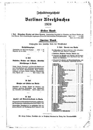 Inhaltsverzeichnis des Berliner Adreßbuches 1920