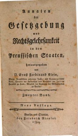 Annalen der Gesetzgebung und Rechtsgelehrsamkeit in den preussischen Staaten. 2, 2. 1794