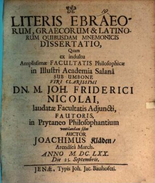 De Literis Ebraeorum, Graecorum & Latinorum Quibusdam Mnemonicis Dissertatio