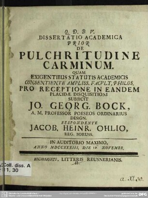 Dissertatio Academica Prior De Pulchritudine Carminum : Quam Exigentibus Statutis Academicis ...