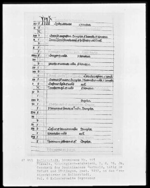 Missale, Ms. 113, folio 6, Kalenderseite September